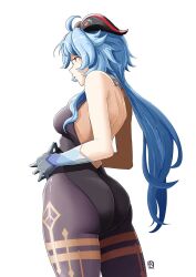 Rule 34 | 1girl, ahoge, ass, automatic giraffe, back, backless leotard, bare shoulders, black gloves, blue hair, bodystocking, breasts, chinese knot, closed mouth, from behind, ganyu (genshin impact), genshin impact, gloves, goat horns, highres, horns, huge ass, leotard, long hair, medium breasts, pantyhose, purple eyes, solo, white background