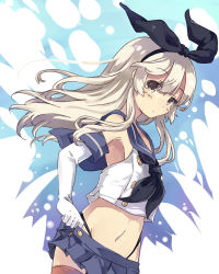 Rule 34 | 10s, 1girl, alternate eye color, anchor hair ornament, black panties, blonde hair, crop top, elbow gloves, gloves, hair ornament, hairband, highleg, highleg panties, highres, kantai collection, microskirt, normaland, panties, sailor collar, shimakaze (kancolle), skirt, striped clothes, striped thighhighs, thighhighs, thong, underwear, white gloves