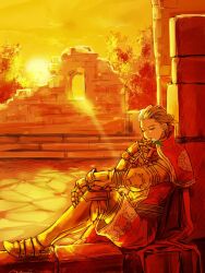 Rule 34 | 1boy, arm armor, armor, armored boots, boots, brown hair, cloud, delita heiral, dusk, final fantasy, final fantasy tactics, full body, half-closed eyes, knee pads, leaf, mochi (hanamaruudondesu), outdoors, ruins, sitting, sitting on wall, sky, solo, sun, sunset, tree, two-tone cape, whistling, yellow armor