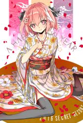 Rule 34 | 1boy, 2016, astolfo (fate), black bow, black thighhighs, bow, braid, closed mouth, commentary request, dot nose, english text, fate/apocrypha, fate (series), floral print, flower, hair between eyes, hair bow, hair intakes, hand on own chest, hand up, happy new year, head tilt, japanese clothes, kimono, long hair, long sleeves, looking at viewer, male focus, multicolored hair, new year, no shoes, obi, obiage, obidome, obijime, petals, pink hair, print kimono, purple eyes, red flower, rouringo, sash, single braid, sitting, sleeves past wrists, smile, solo, streaked hair, striped clothes, striped kimono, thighhighs, trap, two-tone hair, vertical-striped clothes, vertical-striped kimono, wariza, white flower, white hair, white kimono, wide sleeves