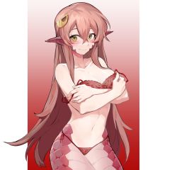 Rule 34 | 1girl, absurdres, blush, bra, bra pull, breasts, clothes pull, collarbone, commission, commissioner upload, fang, gradient background, hair between eyes, hair ornament, hairclip, highres, khaos259, lamia, long hair, medium breasts, miia (monster musume), monster girl, monster musume no iru nichijou, navel, pointy ears, red hair, scales, simple background, slit pupils, smile, solo, strap slip, underwear, underwear only, yellow eyes
