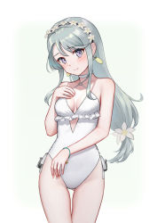 Rule 34 | 1girl, bare arms, bare legs, bare shoulders, blush, closed mouth, cowboy shot, earrings, flower, grey hair, hair between eyes, hair flower, hair ornament, highres, jewelry, kantai collection, long hair, official alternate costume, one-piece swimsuit, porupurucha, purple eyes, sagiri (kancolle), simple background, smile, solo, swimsuit, white background, white flower, white one-piece swimsuit