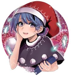 Rule 34 | 1girl, :d, asa (coco), blue hair, blush, book, capelet, doremy sweet, hand on own cheek, hand on own face, hat, holding, holding book, looking at viewer, nightcap, open mouth, outside border, parted lips, pelvic curtain, pom pom (clothes), purple eyes, round image, short hair, smile, solo, touhou, upper body