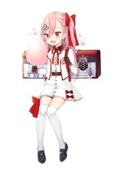 Rule 34 | 1girl, :d, aged down, backpack, bad id, bad pixiv id, bag, black footwear, blouse, blush, bow, braid, brown gloves, canape (canape0130), collared shirt, commentary, cotton candy, food, girls&#039; frontline, gloves, hair between eyes, hair bow, hair ornament, hairclip, heart, heart-shaped pupils, hexagram, highres, holding, holding food, jacket, loafers, long hair, long sleeves, neck ribbon, negev (girls&#039; frontline), negev (little drifter) (girls&#039; frontline), one side up, open clothes, open jacket, open mouth, pink hair, purple eyes, red bow, red ribbon, ribbon, shirt, shoes, simple background, sitting, skirt, smile, solo, star of david, symbol-shaped pupils, thighhighs, very long hair, white background, white jacket, white shirt, white skirt, white thighhighs