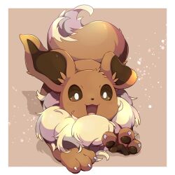 Rule 34 | :3, animal focus, blush, border, brown background, brown sclera, brown theme, claws, colored sclera, creatures (company), eevee, fluffy, full body, game freak, gen 1 pokemon, happy, highres, kechon-san, light blush, lying, neck fur, nintendo, no humans, on stomach, open mouth, outside border, pawpads, pokemon, pokemon (creature), simple background, smile, solo, white border, white eyes