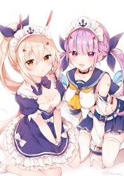 Rule 34 | 2girls, :d, anchor, ayanami (azur lane), ayanami (azur lane) (cosplay), azur lane, bandaid, bandaid on arm, bare shoulders, between legs, black choker, blue bow, blue dress, blue hair, blue nails, blue ribbon, blue sailor collar, blue skirt, blush, bow, braid, breasts, choker, cleavage, collarbone, commentary request, cosplay, costume switch, crop top, crossover, detached sleeves, dress, frilled dress, frills, fukunoki tokuwa, hair between eyes, hair ornament, hair ribbon, hairclip, hand between legs, headgear, high ponytail, highres, hololive, light brown hair, long hair, maid headdress, medium breasts, midriff, minato aqua, minato aqua (1st costume), minato aqua (cosplay), multicolored hair, multiple girls, nail polish, open mouth, parted lips, pleated skirt, ponytail, puffy short sleeves, puffy sleeves, purple eyes, purple hair, red eyes, ribbon, sailor collar, school uniform, serafuku, shirt, short sleeves, sidelocks, sitting, skirt, sleeveless, sleeveless shirt, smile, thighhighs, twintails, twitter username, two-tone hair, very long hair, virtual youtuber, wariza, white bow, white legwear, white shirt, white sleeves, wrist cuffs, yellow neckwear