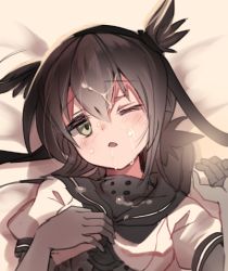 Rule 34 | 10s, 1girl, ;o, bad id, bad pixiv id, bed sheet, black gloves, blush, cis (carcharias), collar, corset, crop top, elbow gloves, gloves, hatsuzuki (kancolle), heavy breathing, kantai collection, looking at viewer, lying, on back, one eye closed, parted lips, puffy short sleeves, puffy sleeves, sailor collar, school uniform, serafuku, sexually suggestive, shirt, short sleeves, solo, suggestive fluid, upper body, white shirt