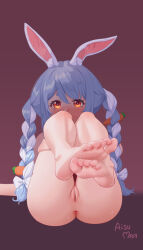 Rule 34 | 1girl, aisuman, anus, artist name, barefoot, blue hair, blush, bow, braid, carrot hair ornament, cleft of venus, completely nude, feet, female focus, food-themed hair ornament, foot focus, hair bow, hair ornament, heart, highres, hololive, long hair, looking at viewer, multicolored hair, nude, paid reward available, pussy, rabbit-shaped pupils, rabbit ears, rabbit girl, red eyes, soles, solo, symbol-shaped pupils, thighs, toenails, toes, twin braids, two-tone hair, uncensored, usada pekora, virtual youtuber, white bow