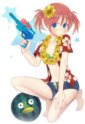 Rule 34 | 1girl, bikini, blue eyes, blue shorts, blush, breasts, cleavage, collarbone, elizabeth (gintama), flower, flower necklace, food, fruit, full body, gintama, green bikini, gun, hair flower, hair ornament, hand on lap, hawaiian shirt, hiyo kiki, holding, holding gun, holding weapon, jewelry, kagura (gintama), lei, looking at viewer, navel, necklace, on one knee, open clothes, open shirt, open shorts, red hair, shirt, short hair, short shorts, short sleeves, short twintails, shorts, simple background, small breasts, solo, star (symbol), striped bikini, striped clothes, swimsuit, twintails, water gun, watermelon, weapon, white background, yellow flower