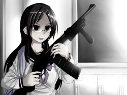 1girl angry assault_rifle backpack bag black_hair black_sailor_collar bolt_action commentary_request erikku_(kata235) glasses gun holding holding_gun holding_weapon locker long_hair neckerchief open_mouth original pump_action red_neckerchief remington_arms remington_model_700 remington_model_7615 rifle sailor_collar school_shooting school_uniform serafuku shotgun smile sniper_rifle solo solo_focus trigger_discipline weapon