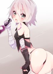 Rule 34 | 1girl, ass, bandages, bandaged arm, bandages, bare shoulders, black panties, blush, dagger, enelis, fate/apocrypha, fate (series), fingerless gloves, gloves, green eyes, jack the ripper (fate/apocrypha), knife, looking at viewer, looking back, open mouth, panties, scar, scar across eye, scar on face, short hair, solo, thong, underwear, weapon, white hair