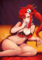 Rule 34 | 1girl, absurdres, bikini, bikini top only, blush, breasts, cleavage, commentary, commentary request, cup, glass, hair ornament, hair stick, highres, holding, holding cup, large breasts, long hair, looking at viewer, navel, ponytail, red hair, scarf, shiny skin, sitting, skull hair ornament, solo, swimsuit, tengen toppa gurren lagann, translation request, xiao miao, yellow eyes, yoko littner
