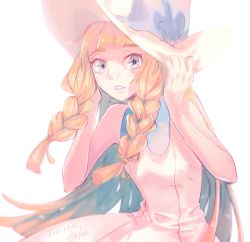 Rule 34 | 1girl, bad id, bad twitter id, blonde hair, blue ribbon, blunt bangs, blush, braid, collared dress, creatures (company), dated, dress, eyelashes, game freak, grey eyes, hands on headwear, hands up, hat, hat ribbon, highres, lillie (pokemon), long hair, looking at viewer, nintendo, parted lips, pokemon, pokemon sm, r.aka., ribbon, signature, sleeveless, sleeveless dress, solo, sun hat, sundress, twin braids, very long hair, white background, white dress, white hat