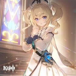 Rule 34 | 1girl, absurdres, barbara (genshin impact), bare shoulders, belt, black belt, blonde hair, blue eyes, book, dress, drill hair, genshin impact, highres, indoors, long hair, long sleeves, looking at viewer, off-shoulder dress, off shoulder, official art, own hands clasped, own hands together, solo, twin drills, twintails, upper body, white dress, white headwear
