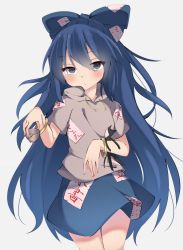 Rule 34 | 1girl, amashi (qcmrq906), bad id, bad pixiv id, bangle, blue bow, blue eyes, blue hair, blue skirt, blush, bow, bracelet, commentary request, cowboy shot, cup, debt, grey background, grey hoodie, hair bow, highres, holding, holding cup, hood, hoodie, jewelry, long hair, looking at viewer, miniskirt, short sleeves, simple background, skirt, solo, thighs, touhou, very long hair, yorigami shion