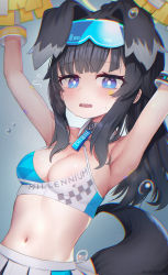 Rule 34 | 1girl, animal ears, armpits, arms up, bare shoulders, black hair, blue archive, blue eyes, blush, breasts, cheerleader, cleavage, crop top, dog ears, dog girl, dog tail, eyewear on head, flying sweatdrops, goggles, goggles on head, halo, hibiki (blue archive), hibiki (cheer squad) (blue archive), highres, long hair, looking at viewer, medium breasts, midriff, millennium cheerleader outfit (blue archive), navel, open mouth, pleated skirt, pom pom (cheerleading), saebashi, skirt, solo, stomach, sweat, tail, white skirt