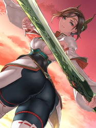Rule 34 | 1girl, absurdres, alexandria (xenoblade), ass, breasts, brown hair, cameltoe, commission, curvy, from behind, green eyes, hair ornament, highres, large breasts, looking at viewer, makeup, mascara, pussy, shisshou senkoku, sideboob, skeb commission, solo, thick thighs, thighs, weapon, xenoblade chronicles (series), xenoblade chronicles 3