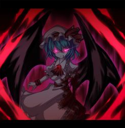 Rule 34 | 1girl, amputee, ascot, bad id, bad pixiv id, bat wings, blood, blood on clothes, blue hair, brooch, fang, female focus, glowing, glowing eyes, guro, hat, highres, injury, jewelry, kiyomin, red eyes, remilia scarlet, severed limb, short hair, solo, touhou, wings
