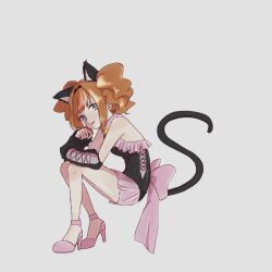 Rule 34 | 1girl, :p, animal ears, arm warmers, back bow, bell, black dress, blue eyes, bow, cat ears, cat tail, dress, full body, geboku (gbktst), grey background, high heels, highres, idolmaster, idolmaster (classic), large bow, looking at viewer, medium hair, neck bell, orange hair, pink bow, pink dress, pink footwear, short dress, simple background, sitting, smile, solo, tail, takatsuki yayoi, tongue, tongue out, twintails, two-tone dress