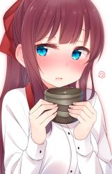 Rule 34 | 10s, 1girl, :o, bad id, bad pixiv id, blue eyes, blush, cup, fingernails, holding, holding cup, long hair, long sleeves, looking at viewer, nekoume, new game!, nose blush, open mouth, ponytail, purple hair, shirt, sidelocks, solo, takimoto hifumi, upper body, white background, yunomi
