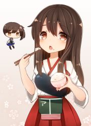 Rule 34 | 10s, 2girls, akagi (kancolle), armor, bowl, brown eyes, brown hair, cherry blossoms, chibi, chopsticks, eating, food, food on face, japanese clothes, kaga (kancolle), kantai collection, mini person, minigirl, mootor, multiple girls, muneate, open mouth, ponytail, rice, side ponytail, thighhighs