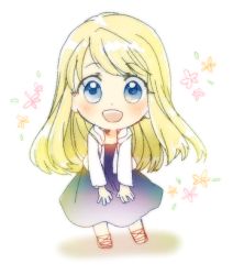 Rule 34 | 1girl, arms at sides, blonde hair, blue eyes, blush, chibi, commentary, dress, eyelashes, floating hair, floral background, flower, full body, fullmetal alchemist, jacket, leaf, long dress, long hair, looking at viewer, open mouth, orange flower, pink flower, purple dress, sandals, shadow, simple background, solo, standing, symbol-only commentary, teeth, tsukuda0310, upper teeth only, very long hair, white background, white jacket, winry rockbell
