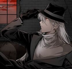 Rule 34 | 1boy, black gloves, black hat, black jacket, closed mouth, from side, gin (meitantei conan), gloves, grey hair, hand up, hat, highres, indoors, jacket, long hair, male focus, meitantei conan, profile, red eyes, red sky, shimada (dmisx), sky, sweater, window