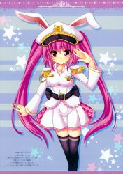 Rule 34 | 1girl, animal ears, armor, beatmania, beatmania iidx, black thighhighs, blush, breasts, commentary, emblem, hat, highres, hinata momo, legs together, letterboxed, long hair, long sleeves, looking at viewer, medal, mizushiro celica, pauldrons, peaked cap, pink eyes, pink hair, pleated skirt, purple eyes, purple hair, rabbit ears, salute, shoulder armor, skirt, smile, solo, source request, standing, star (symbol), striped, striped background, thighhighs, twintails, uniform, white hat, white skirt, zettai ryouiki