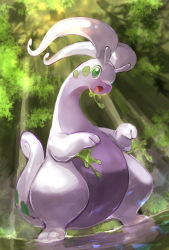 Rule 34 | antennae, artist name, creatures (company), day, day walker1117, dragon, english text, fisheye, forest, full body, game freak, gen 6 pokemon, goodra, green background, green eyes, hands up, highres, light rays, looking at viewer, nature, nintendo, one-hour drawing challenge, open mouth, outdoors, pokemon, pokemon (creature), signature, slime (substance), solo, standing, sunlight, tree, water