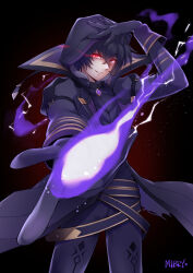 Rule 34 | 1boy, artist name, belt, black cloak, black gloves, black hair, black pants, black shirt, cid kagenou, cloak, commentary request, evil grin, evil smile, gloves, glowing, glowing eyes, gold trim, grin, hair between eyes, hand on own head, high collar, highres, hood, hood up, hooded cloak, kage no jitsuryokusha ni naritakute!, looking at viewer, magic, male focus, mibry (phrysm), multiple belts, open cloak, open clothes, outstretched arm, pants, reaching, reaching towards viewer, red eyes, shadow (kage no jitsuryokusha ni naritakute!), shirt, short hair, smile, solo
