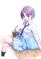 Rule 34 | 1girl, :d, ahoge, arm support, asakura toru, blue hair, clothes around waist, coffee, commentary, cropped legs, crossed legs, cup, disposable cup, earrings, gradient hair, holding, holding cup, idolmaster, idolmaster shiny colors, jacket, jacket around waist, jewelry, looking at viewer, multicolored hair, necktie, on floor, open collar, open mouth, painapo, parted bangs, pleated skirt, purple hair, school uniform, shirt, short hair, simple background, sitting, skirt, sleeves rolled up, smile, solo, white background, white shirt, wristband