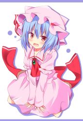 Rule 34 | 1girl, :d, absurdres, bad id, bad twitter id, blouse, blue hair, blush, brooch, fangs, hat, hat ribbon, highres, hyurasan, jewelry, looking at viewer, mob cap, open mouth, red eyes, remilia scarlet, ribbon, sash, shirt, short hair, shy, sitting, skirt, skirt set, smile, solo, touhou, v arms, wariza
