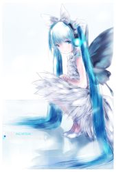 Rule 34 | 10s, 1girl, 2016, aqua eyes, aqua hair, butterfly wings, character name, dress, hatsune miku, headphones, highres, insect wings, kowiru, long hair, looking at viewer, shochuumimai, solo, squatting, twintails, very long hair, vocaloid, wings