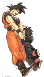 Rule 34 | 2boys, :d, ^ ^, age difference, bad id, bad pixiv id, black hair, boots, closed eyes, dougi, dragon ball, dragonball z, closed eyes, facing away, father and son, from below, full body, height difference, hug, incoming hug, looking down, male focus, multiple boys, nitako, open mouth, outstretched arms, profile, short hair, simple background, smile, son gohan, son goku, spiked hair, white background, wristband