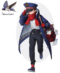 Rule 34 | 1boy, absurdres, bag, bird, black footwear, black pants, blue coat, blue headwear, coat, drawing, full body, gloves, hand on headwear, highres, mailbag, mailman, one eye covered, original, pants, personification, red gloves, red scarf, red socks, rinotuna, scarf, shoes, shoulder bag, socks, solo, swallow (bird), sweater, white sweater