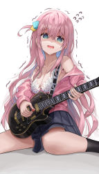 Rule 34 | 1girl, @ @, absurdres, blue eyes, bocchi the rock!, bra, breasts, cleavage, cube hair ornament, dubeaduver, electric guitar, gotoh hitori, grey skirt, guitar, hair between eyes, hair ornament, hair over eyes, highres, holding, holding instrument, holding plectrum, instrument, jacket, large breasts, long hair, looking at viewer, music, off shoulder, pink hair, pink jacket, pink track suit, playing instrument, pleated skirt, plectrum, simple background, sitting, skirt, solo, track jacket, trembling, underwear, wariza, white bra