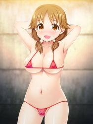 Rule 34 | 10s, 1girl, armpits, arms behind head, arms up, bikini, blush, breasts, brown eyes, brown hair, cameltoe, cleavage, cleft of venus, covered erect nipples, female focus, highres, idolmaster, idolmaster cinderella girls, katagiri sanae, large breasts, long hair, looking at viewer, low twintails, micro bikini, navel, open mouth, short twintails, smile, solo, standing, swimsuit, totokichi, twintails, underboob