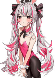 Rule 34 | 1girl, absurdres, ahoge, animal ears, bare shoulders, black pantyhose, black ribbon, closed mouth, collarbone, cowboy shot, detached collar, double-parted bangs, extra ears, flat chest, grey hair, haruyuki (gffewuoutgblubh), highres, indie virtual youtuber, leotard, long hair, looking at viewer, neck ribbon, oversized breast cup, pantyhose, pink hair, pink leotard, playboy bunny, rabbit ears, rabbit tail, red eyes, ribbon, short eyebrows, sidelocks, simple background, solo, tail, tomari mari, twintails, very long hair, virtual youtuber, white background, wrist cuffs
