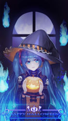 Rule 34 | 1girl, :d, alternate costume, black bow, black hat, blue eyes, blue fire, blue hair, blush, bow, commentary request, fire, full moon, gya (144), hair ribbon, halloween, happy halloween, hat, hatsune miku, highres, holding, jack-o&#039;-lantern, long hair, long sleeves, looking at viewer, moon, open mouth, original, pink ribbon, pumpkin, ribbon, robe, skull print, smile, solo, striped, upper body, very long hair, vocaloid, wide sleeves, window, witch hat