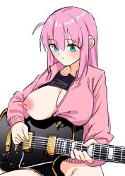 Rule 34 | 1girl, absurdres, blush, bocchi the rock!, bottomless, breast rest, breasts, electric guitar, gibson les paul, gotoh hitori, guitar, highres, holding, holding guitar, holding instrument, holding plectrum, instrument, inverted nipples, jacket, large breasts, music, nipples, one breast out, one side up, pink hair, pink jacket, playing instrument, plectrum, sake (vzty5527), sidelocks, simple background, solo, straight hair, track jacket, white background