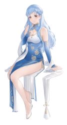 Rule 34 | 1girl, absurdres, alternate costume, alternate hair length, alternate hairstyle, bare legs, bare shoulders, blue dress, blue gloves, blue hair, blush, braid, breasts, bridal gauntlets, china dress, chinese clothes, cleavage cutout, clothing cutout, commentary, crown braid, dress, elbow gloves, fire emblem, fire emblem: three houses, full body, gloves, grey eyes, highres, invisible chair, long hair, looking at viewer, marianne von edmund, medium breasts, moja (rainpoow), nintendo, parted lips, shawl, shoes, side slit, simple background, sitting, sleeveless, sleeveless dress, smile, solo, thighs, white background, white footwear