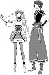 Rule 34 | 1boy, 1girl, amatari sukuzakki, commentary request, final fantasy, final fantasy xiii, final fantasy xiii-2, gloves, greyscale, highres, jewelry, long hair, looking at viewer, mog, monochrome, necklace, noel kreiss, serah farron, side ponytail, skirt, smile, staff, thighhighs, wings