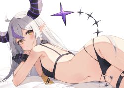 Rule 34 | 1girl, absurdres, ahoge, bikini, blush, breasts, demon horns, grey hair, hair between eyes, highres, hololive, horns, la+ darknesss, long hair, looking at viewer, multicolored hair, navel, necktie, o-ring, pointy ears, purple hair, small breasts, solo, streaked hair, striped horns, swimsuit, taht (that is mm), thigh strap, very long hair, virtual youtuber, white background, wrist cuffs, yellow eyes