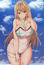 Rule 34 | 1girl, adjusting hair, blue sky, blush, breasts, brown eyes, choker, cleavage, cloud, collarbone, cowboy shot, day, female focus, highres, large breasts, light brown hair, long hair, looking at viewer, matching hair/eyes, mythra (radiant beach) (xenoblade), mythra (xenoblade), nintendo, noeomi, one-piece swimsuit, outdoors, skindentation, sky, solo, strapless, strapless one-piece swimsuit, swept bangs, swimsuit, thick thighs, thigh gap, thigh strap, thighs, tiara, white one-piece swimsuit, xenoblade chronicles (series), xenoblade chronicles 2