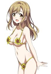 Rule 34 | 10s, 1girl, :d, bikini, blush, breasts, brown hair, flower, highres, kunikida hanamaru, large breasts, looking at viewer, love live!, love live! sunshine!!, navel, open mouth, sankuro (agoitei), simple background, smile, solo, strap gap, sunflower, swimsuit, white background, yellow eyes