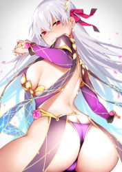 Rule 34 | 1girl, armlet, armor, ass, back, bikini armor, blush, bracelet, breasts, butt crack, circlet, danimaru, detached sleeves, earrings, fate/grand order, fate (series), flower, hair ribbon, highres, jewelry, kama (fate), kama (second ascension) (fate), large breasts, long hair, looking at viewer, looking back, lotus, petals, purple sleeves, red eyes, ribbon, sideboob, silver hair, solo, thighlet, thighs