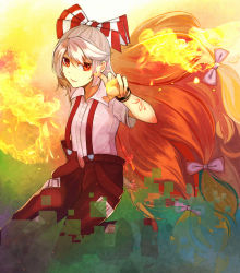 Rule 34 | 1girl, bad id, bad pixiv id, big hair, bow, bracelet, collared shirt, digital dissolve, expressionless, fire, flat chest, fujiwara no mokou, gradient hair, hair bow, hand up, highres, jewelry, leg up, long hair, looking at viewer, multicolored hair, open pants, pants, red eyes, red footwear, red hair, red pants, scroll lock (scrool5), shirt, shoes, short sleeves, silver hair, solo, suspenders, tattoo, touhou, very long hair, white shirt