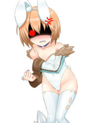 Rule 34 | 10s, 1girl, absurdres, anger vein, angry, animal ears, bare shoulders, blanc (neptunia), brown hair, detached collar, fake animal ears, highres, leotard, looking at viewer, marumatto, neptune (series), playboy bunny, rabbit ears, rabbit tail, red eyes, shaded face, short hair, solo, tail, wrist cuffs