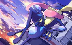 Rule 34 | bright pupils, cloud, commentary request, creatures (company), fence, from below, game freak, gen 6 pokemon, greninja, nintendo, no humans, outdoors, pink eyes, pokemon, pokemon (creature), pon yui, sitting, sky, solo, tongue, white pupils