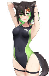 Rule 34 | 1girl, :d, animal ears, armpits, arms behind head, arms up, bare arms, black one-piece swimsuit, blush, breasts, brown hair, cat ears, cat girl, cat tail, competition swimsuit, cowboy shot, green eyes, green hair, hair between eyes, hair ornament, hairclip, highres, looking at viewer, medium breasts, medium hair, one-piece swimsuit, open mouth, original, shuuzo3, simple background, smile, solo, standing, swimsuit, tail, thigh strap, two side up, white background